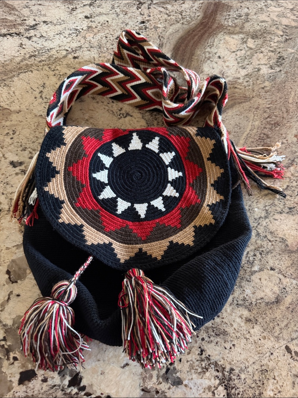 Hand made artisan Woven Crossbody Bag with Red, Black & Cream Geometric Pattern